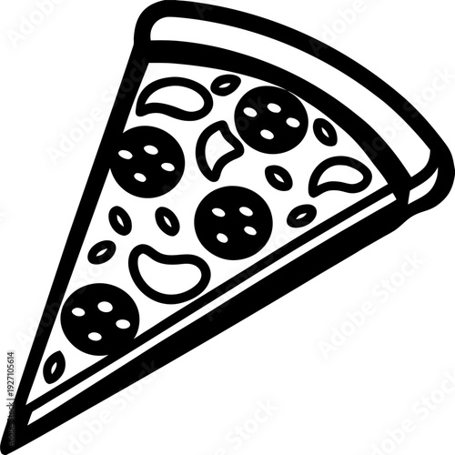Black and white pizza slice illustration with pepperoni and mushrooms on a simplified thick crust design