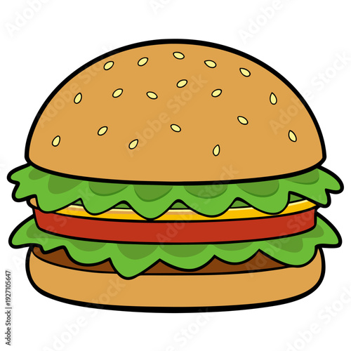 Cartoon cheeseburger with lettuce tomato and cheese in colorful style with sesame seed bun on white background perfect for food and fast food illustrations