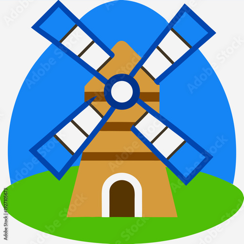 Colorful cartoon windmill on green hill with blue sky background in simple geometric style
