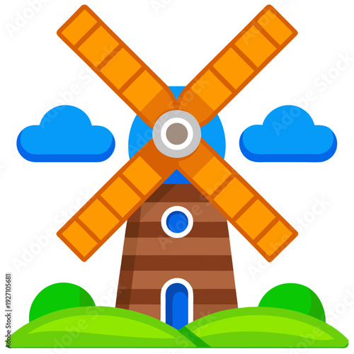 Colorful cartoon windmill with orange blades and blue accents against blue sky with puffy clouds and green hills