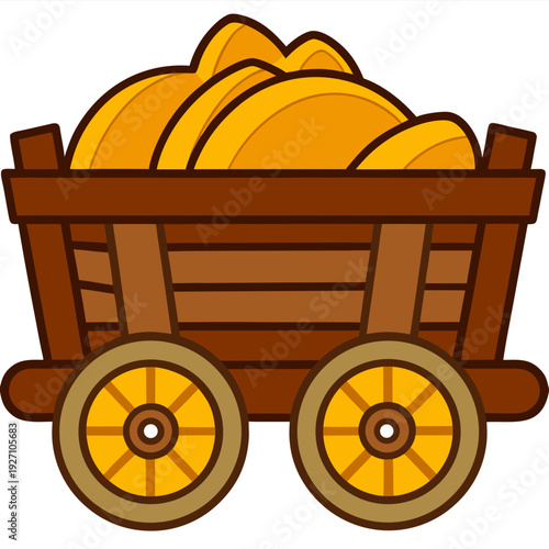 Wooden cart filled with piles of treasure gold coins symbolizing wealth and prosperity on white background
