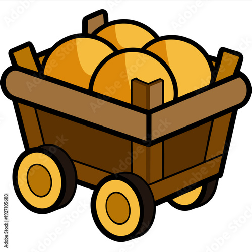 Wooden wheelbarrow filled with large ripe oranges, featuring a rustic design and vibrant colors, symbolizing harvest and agricultural abundance.