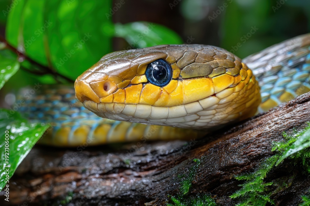 Fototapeta premium Closeup of a Colorful Snake on a Mossy Branch