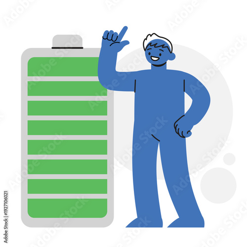 Man Character Standing Next to Full Green Battery Representing Personal Recharge and Energy Concept. Character Vector illustration design.