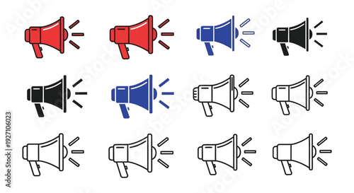 Broadcast message and attention alert symbol collection with multiple color and outline megaphone vector icons