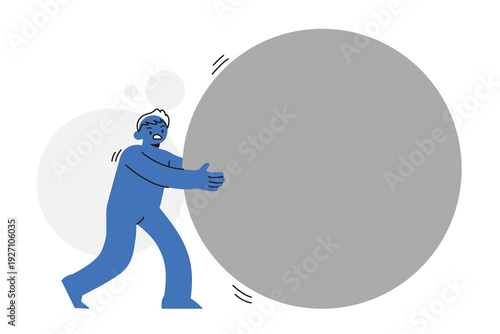 Man Character Pushing Giant Grey Boulder Representing Persistence and Hard Work Concept. Character Vector illustration design.