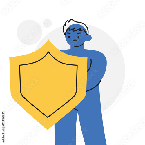 Man Professional Character Holding Giant Shield Representing Security and Safety Concept. Character Vector illustration design.