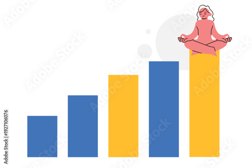 Woman Character Meditating on Top of Growing Bar Graph Representing Calm Success and Mindfulness Concept. Character Vector illustration design.