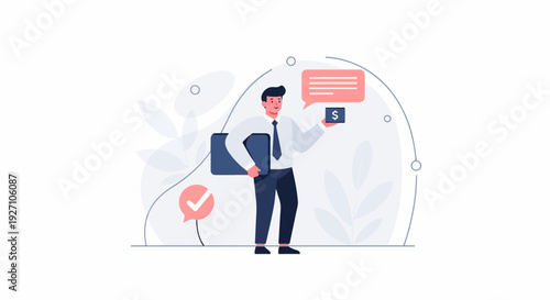 A businessman holds a briefcase and a wallet with a dollar sign, under a speech bubble