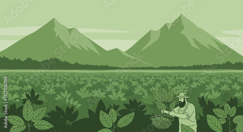 Farmer harvesting crops in a lush green field with mountains.