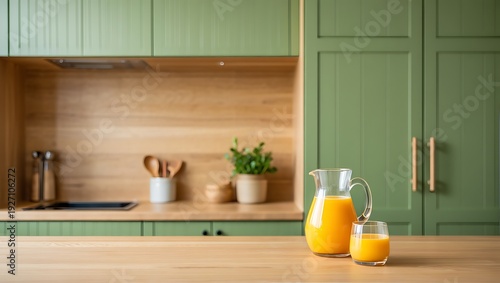 Fresh orange juice in glass pitcher and cup on wooden kitchen counter with green cabinets