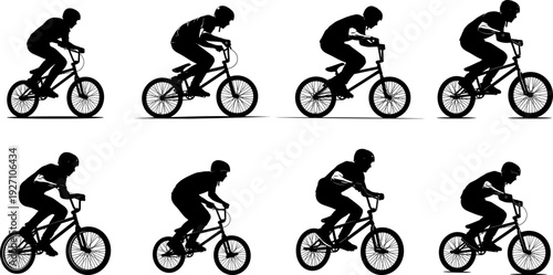 BMX rider black silhouette icon collection. Includes 8 different male and female cyclists on BMX bikes in various riding positions. Created in solid black vector style with a white background.