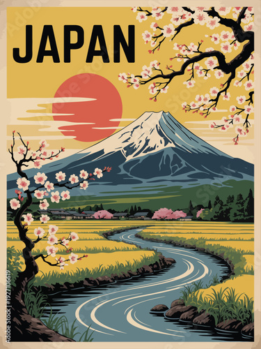 Japan Retro Landscape poster, bold black typography with dramatic red sunset and mountain backdrop