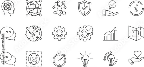 Set of 16 Thin Line Icons Representing Technology, Data, and Information for Digital, Business, and Innovation Design Themes