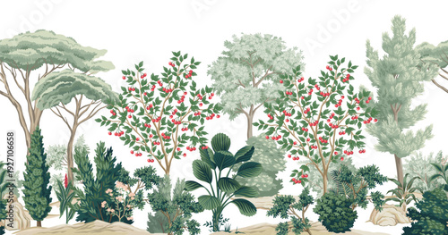 Tropical vintage botanical palm trees, cherry tree, plants landscape seamless border white background. Exotic jungle wallpaper.