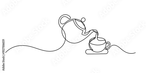 Minimalist One Line Drawing of Teapot Pouring Tea into Cup. Continuous Line Art Teapot and Cup Illustration. Modern Single Line Drawing Tea Set Vector illustration