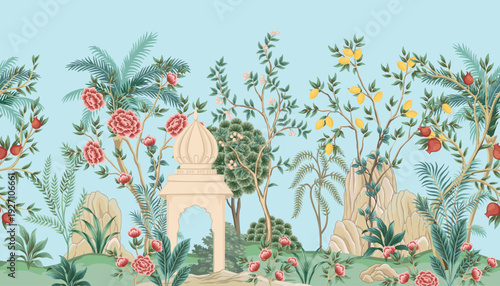 Vintage botanical palm tree, floral tree, butterfly, architecture, plant floral seamless border. Exotic chinoiserie mural.