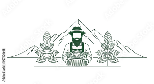Farmer with basket of plants in front of mountains.