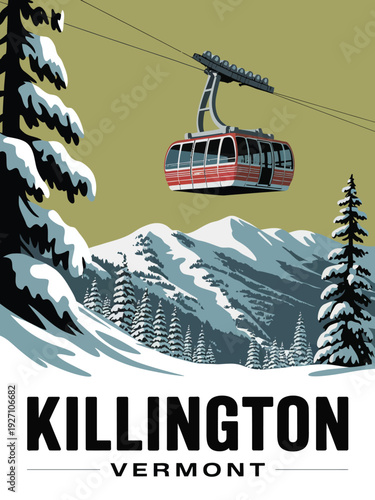 Killington Vermont Travel poster, minimalist mountain landscape with bold black typography design