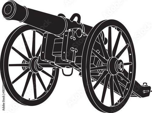 Vintage artillery cannon silhouette vector illustration with intricate line art detailing