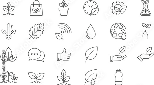 Vector Icons Set Featuring Eco-Friendly Symbols for Sustainability, Environment, Nature, and Green Initiatives for Digital Media, Websites, and Apps