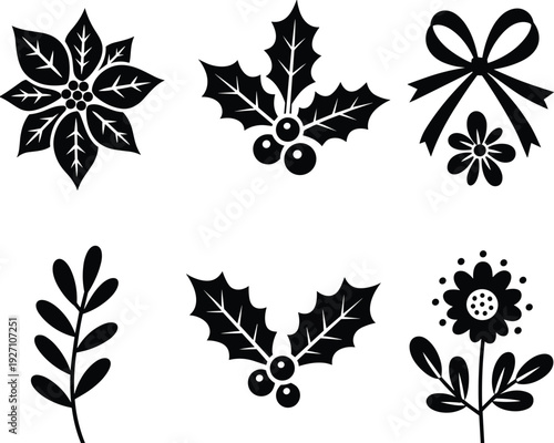 Black Christmas floral silhouette set, holly berry and poinsettia icons, winter holiday botanicals, decorative 