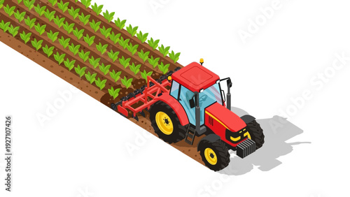 Isometric red tractor plowing green crops on farm field with fresh soil rows