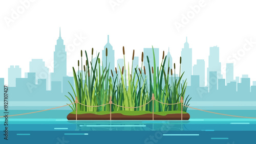 Floating urban wetland with cattails and city skyline in the background