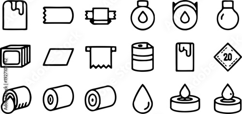 A collection of twenty line-art icons, presented on a transparent background, is arranged in four rows of five icons each. The icons primarily relate to toilet paper and its characteristics. Several i