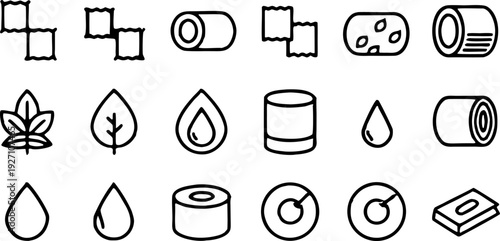 A collection of twenty line-art icons, presented on a transparent background, is arranged in four rows of five icons each. The icons primarily relate to toilet paper and its characteristics. Several i