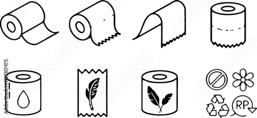 A collection of twenty line-art icons, presented on a transparent background, is arranged in four rows of five icons each. The icons primarily relate to toilet paper and its characteristics. Several i