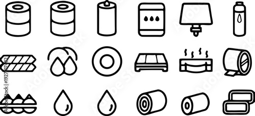 A collection of twenty line-art icons, presented on a transparent background, is arranged in four rows of five icons each. The icons primarily relate to toilet paper and its characteristics. Several i