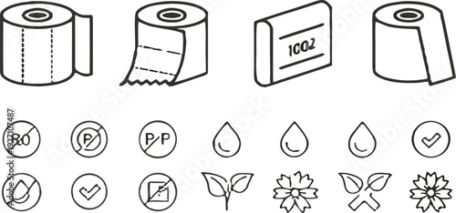 A collection of twenty line-art icons, presented on a transparent background, is arranged in four rows of five icons each. The icons primarily relate to toilet paper and its characteristics. Several i