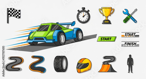 Racing car speeding on track with checkered flag and racing accessories.