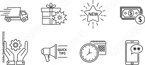 Set of 8 Thin Line Icons Representing Delivery, Business, Finance, and Digital Communication for Marketing, E-commerce, and Business Design Themes