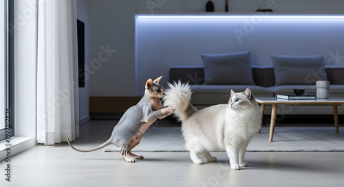 Two cats play fighting on the living room floor, viewed from the side, in a bright modern home.