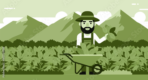 Farmer tending to plants in a lush green field with mountains.