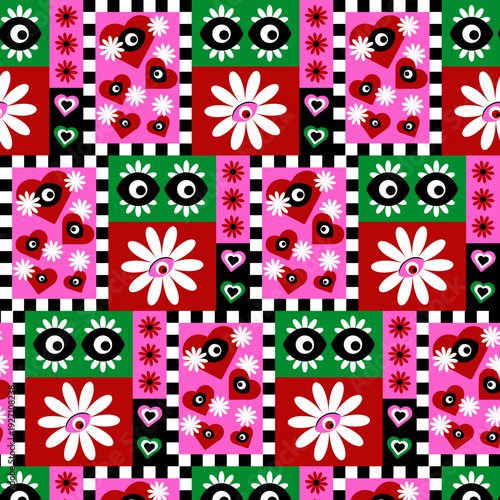 bright, bold, acidic, abstract pattern with eyes, flowers, hearts in geometric shapes