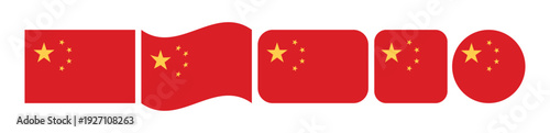 Set of china national flag icons in rectangle waving rounded square square and circle shapes isolated on white background