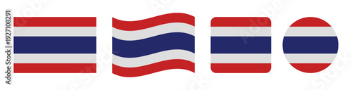 Set of thailand national flag icons in rectangle waving rounded square and circle shapes isolated on white background