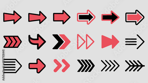 Graphic Design Arrow Collection in Red and Black
High-quality minimalist arrows depicting diverse directions, cursor pointers, flow indicators, and geometric navigation icons for professional visual c