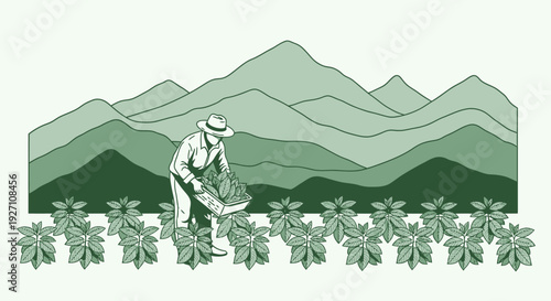 Farmer harvesting crops in a green mountainous landscape.