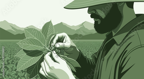 Farmer inspecting a plant in a field with mountains in the background.