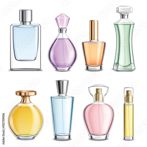 Set of perfume glass bottles with luxury fragrance spray in different shapes and colors