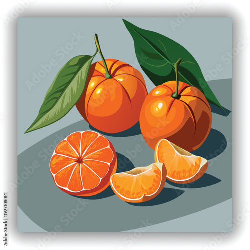 A high-angle shot presents a still life composition of tangerines against a transparent backdrop. The primary subject features two whole tangerines and several detached segments. One tangerine is peel