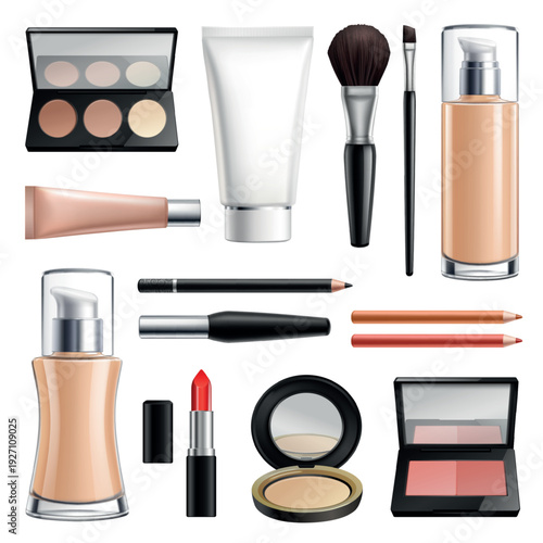 Professional makeup products and cosmetics set with foundation lipstick brushes and eyeshadow palette