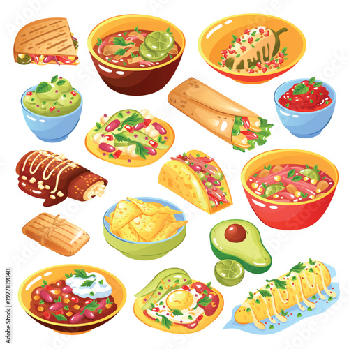 Mexican food stickers set with traditional dishes tacos burrito nachos and spicy soup