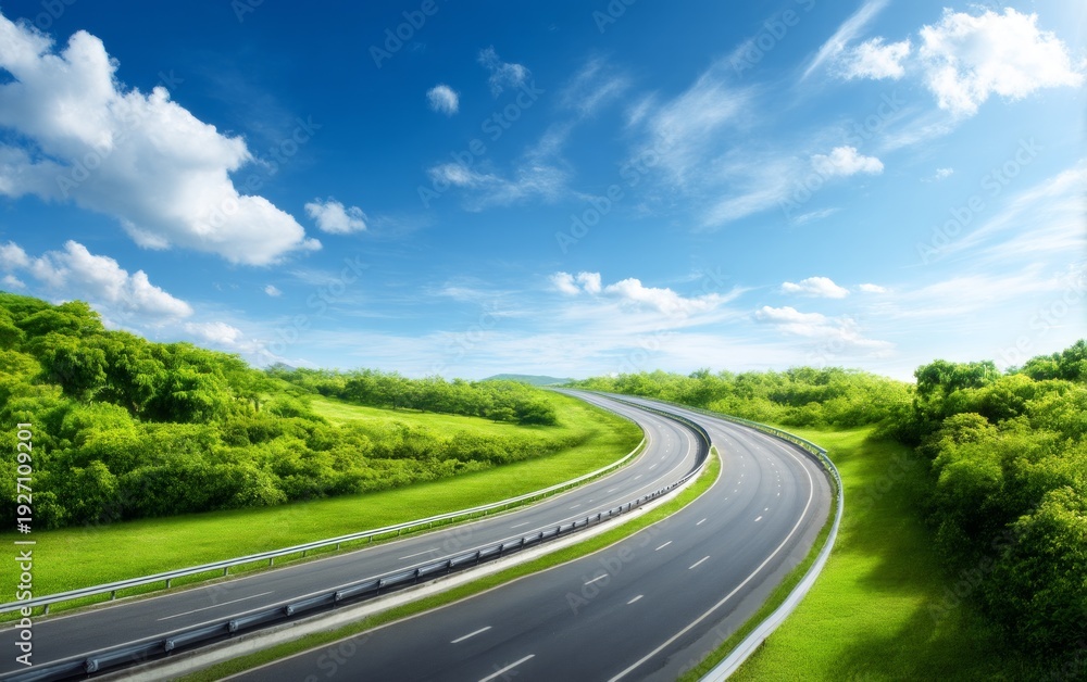 Fototapeta premium Scenic Dynamic View of a Highway Surrounded by Lush Green Landscapes