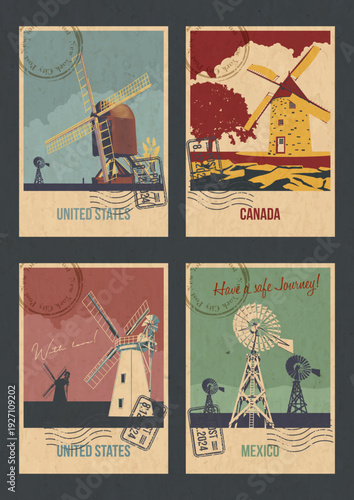 United States, Canada, Mexico Windmills Attraction Postcards, Traditional Wind mills Illustrations, Vector Template Retro Style Greeting Cards. Postal Imprint, Aged Paper Texture