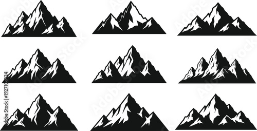 Black mountain range silhouette set, majestic peaks and alpine ridges collection, outdoor wilderness icons, nature landscape vector, rock climbing adventure, isolated on white background.